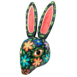 Hand Carved & Painted Guatemalan Wooden Dance Mask Wall Decor Rabbit Floral